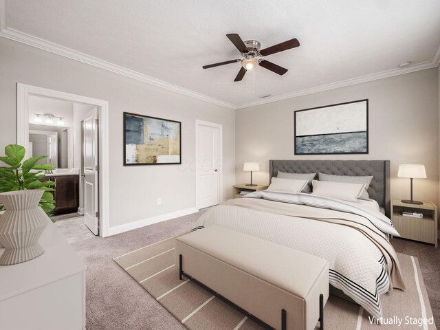 5678 Arcadian Ave, Hilliard, OH 43026 - carpeted bedroom featuring a ceiling fan, ensuite bathroom, crown molding, and baseboards