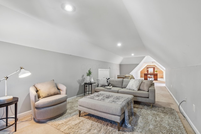 living area with recessed lighting, baseboards, carpet flooring, and vaulted ceiling