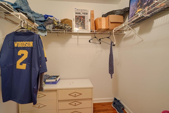 walk in closet with wood finished floors