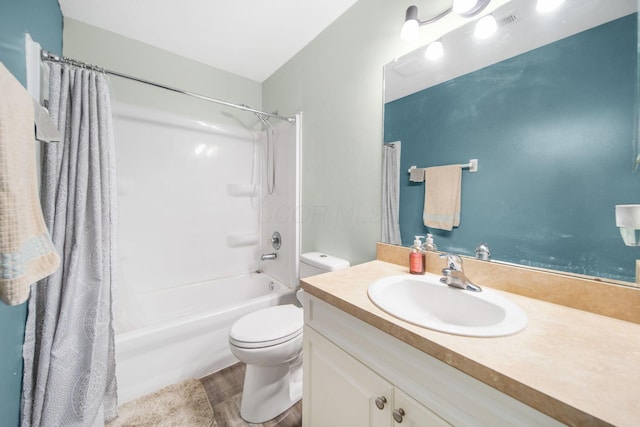 full bath with shower / bathtub combination with curtain, visible vents, toilet, wood finished floors, and vanity