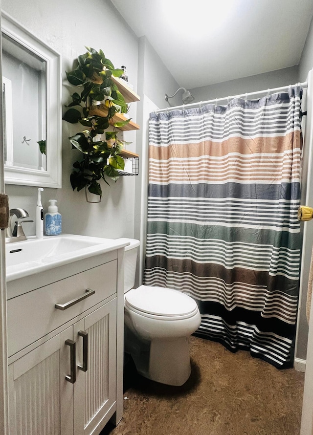 full bathroom featuring a shower with shower curtain, toilet, and vanity