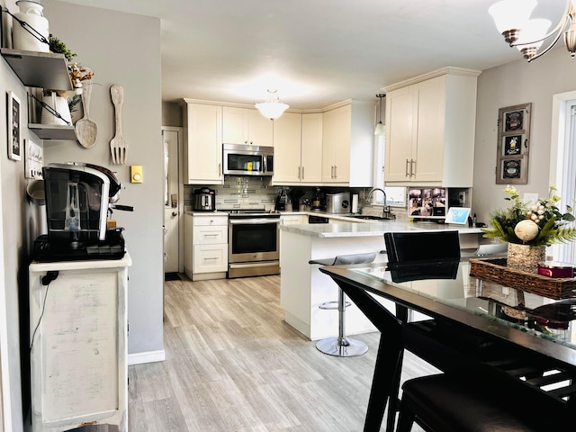 kitchen with a sink, tasteful backsplash, stainless steel appliances, light wood-style floors, and a peninsula