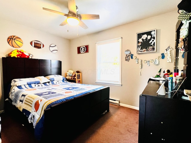 bedroom with carpet flooring, a ceiling fan, baseboards, and baseboard heating