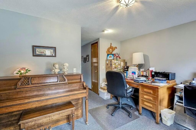 carpeted office space with a textured ceiling