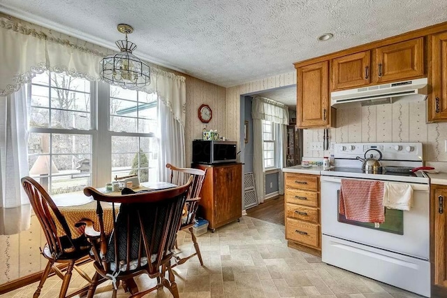 kitchen featuring wallpapered walls, stainless steel microwave, under cabinet range hood, and white range with electric stovetop