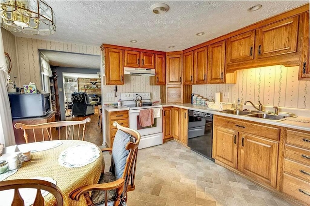 kitchen featuring wallpapered walls, under cabinet range hood, black dishwasher, white electric stove, and a sink