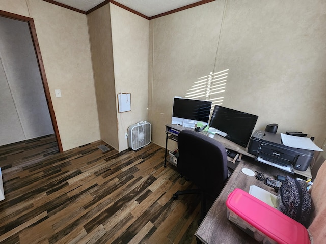 office space featuring ornamental molding and wood finished floors