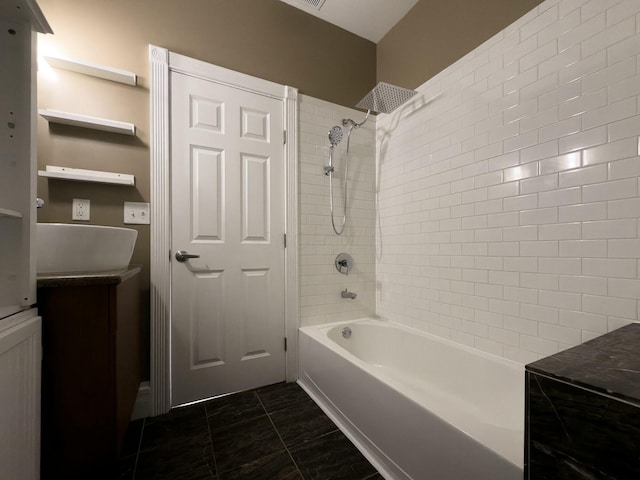 bathroom featuring shower / washtub combination, vanity, and marble finish floor