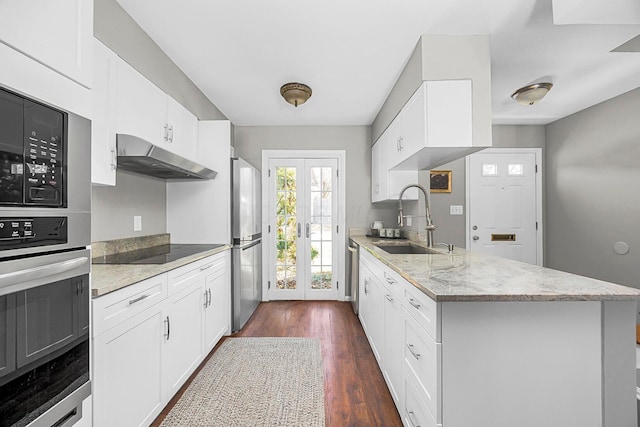 kitchen featuring dark wood-style floors, a sink, french doors, appliances with stainless steel finishes, and under cabinet range hood