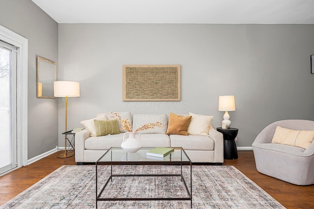 living room featuring wood finished floors and baseboards