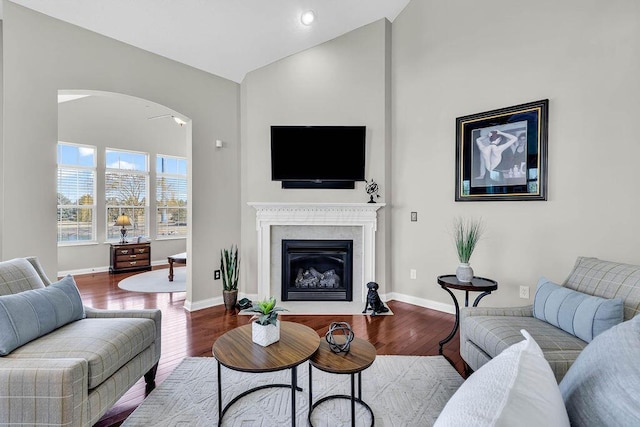 living area featuring a premium fireplace, baseboards, high vaulted ceiling, and hardwood / wood-style floors