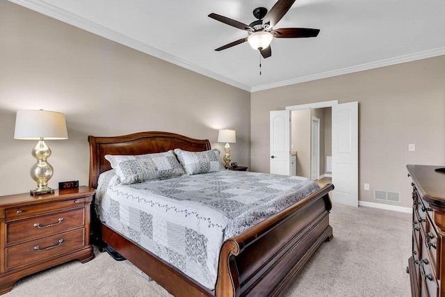 bedroom featuring a ceiling fan, visible vents, baseboards, light carpet, and crown molding