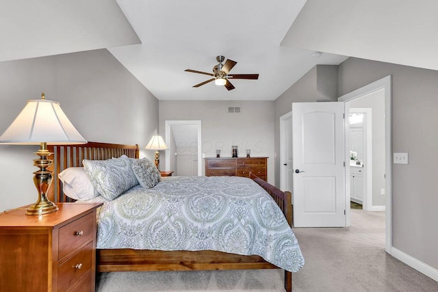 bedroom with light carpet, visible vents, ceiling fan, and baseboards