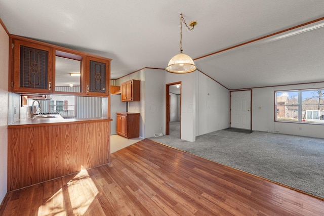 kitchen with light wood-type flooring, open floor plan, and a sink