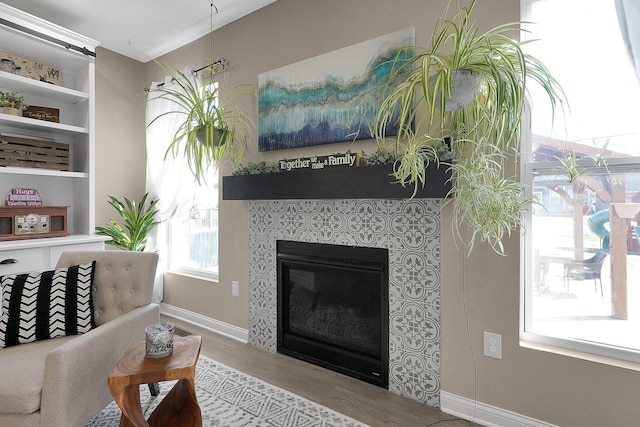 living area featuring a fireplace, wood finished floors, and baseboards