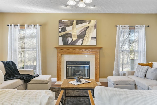 living room with baseboards, a textured ceiling, a healthy amount of sunlight, and a glass covered fireplace