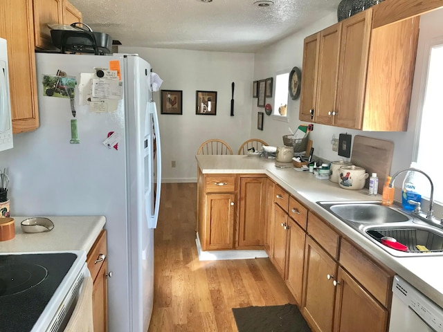 kitchen featuring light countertops, light wood-style flooring, a peninsula, white appliances, and a sink