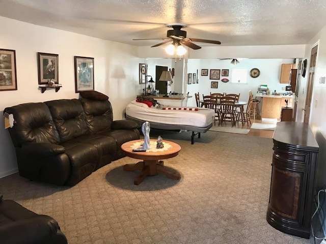 living room featuring a textured ceiling and a ceiling fan