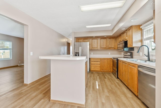 kitchen with baseboards, light countertops, appliances with stainless steel finishes, light wood-style floors, and a sink