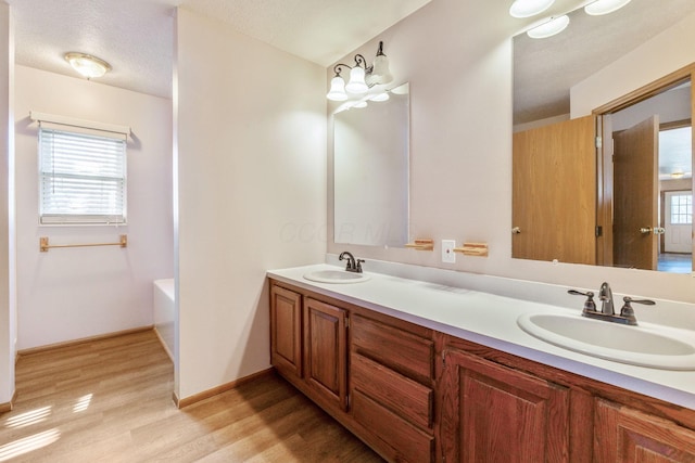 full bathroom with a sink, baseboards, wood finished floors, and double vanity