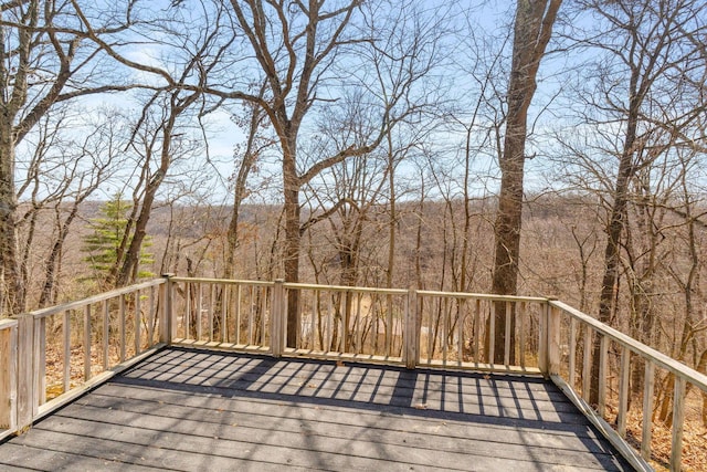 wooden terrace with a wooded view