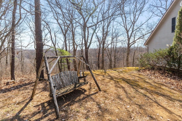 view of yard featuring a wooded view