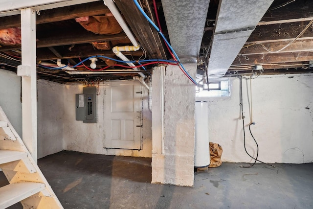 basement with electric panel and water heater