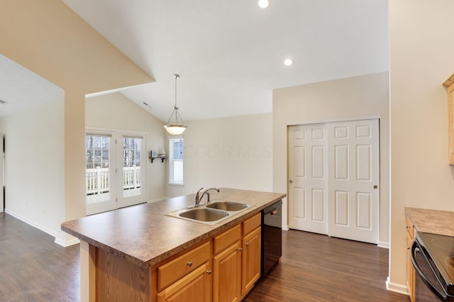 kitchen featuring dark wood finished floors, black appliances, lofted ceiling, and a sink