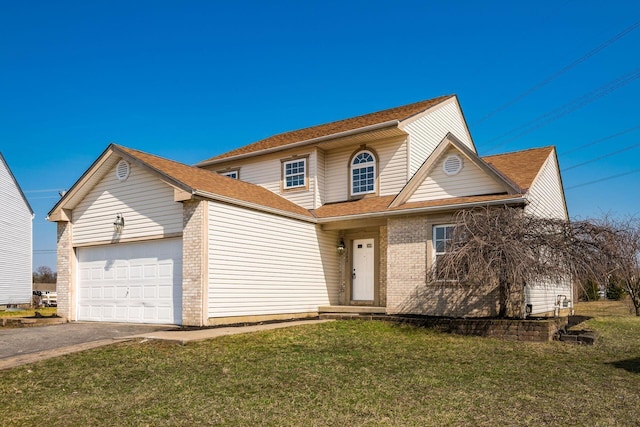 traditional-style home featuring a front lawn, aphalt driveway, roof with shingles, a garage, and brick siding