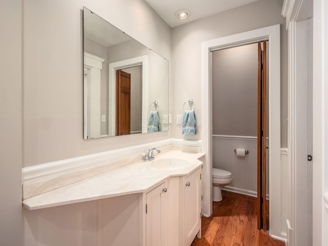 bathroom with vanity, toilet, wood finished floors, and wainscoting