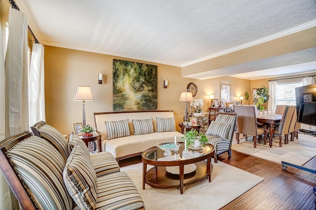 living area featuring a textured ceiling, crown molding, and hardwood / wood-style flooring