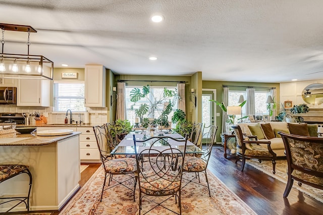 dining room featuring dark wood finished floors, a healthy amount of sunlight, and a textured ceiling