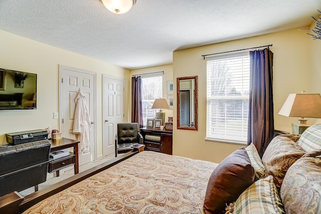 bedroom featuring multiple windows and a textured ceiling