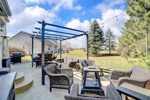 view of patio / terrace with an outdoor living space, outdoor dining area, grilling area, and a pergola