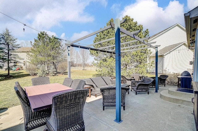 view of patio / terrace with an outdoor living space, area for grilling, outdoor dining area, and a pergola