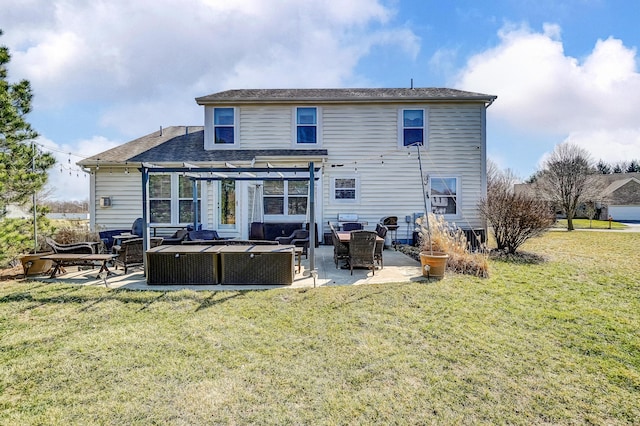 rear view of property with a yard, an outdoor hangout area, a patio area, and a pergola