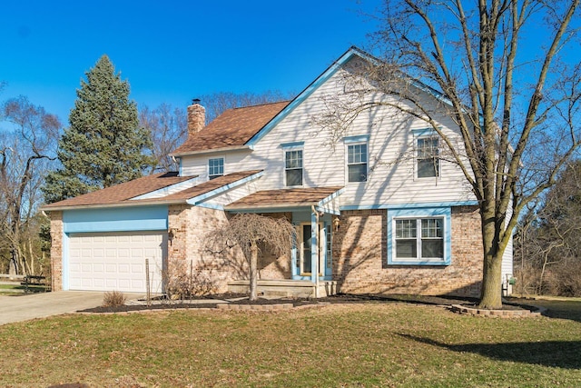 view of front of house with driveway, a front yard, an attached garage, brick siding, and a chimney