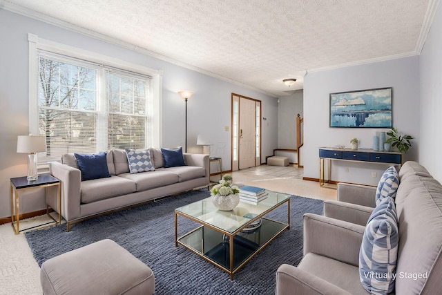 living room with baseboards, a textured ceiling, and crown molding