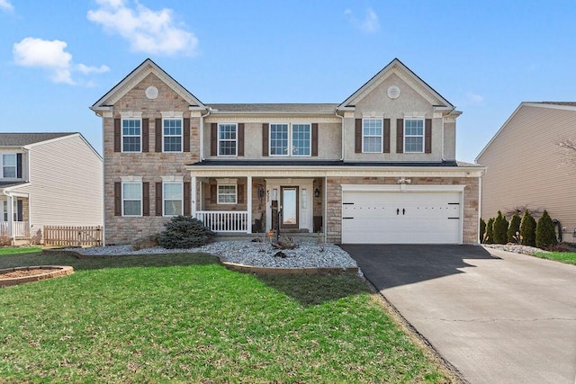 traditional-style home with aphalt driveway, stone siding, a garage, and a porch