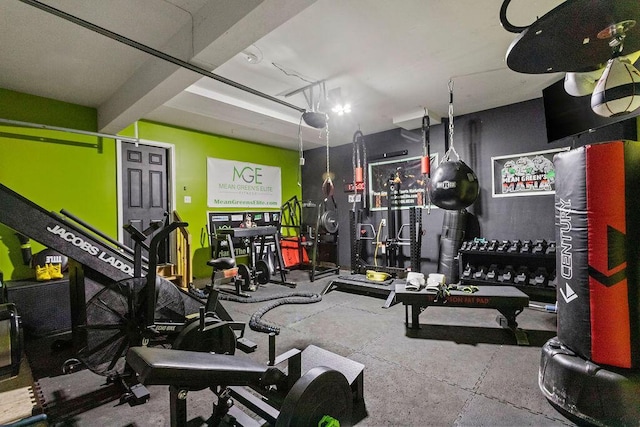 gym featuring a garage