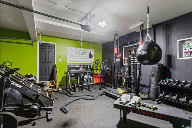 exercise room featuring a garage