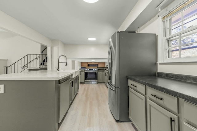 kitchen with a center island with sink, gray cabinets, a sink, light wood-style floors, and appliances with stainless steel finishes