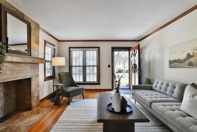 living area with baseboards, a large fireplace, wood finished floors, and ornamental molding