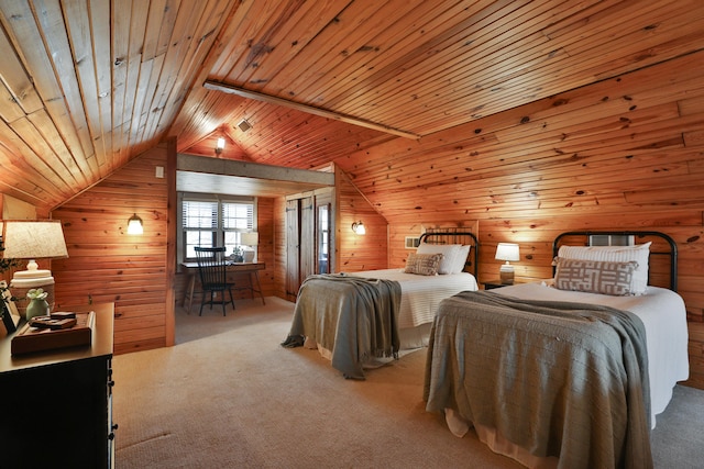 carpeted bedroom featuring wooden walls, wood ceiling, and vaulted ceiling