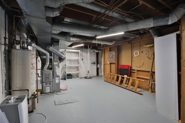 unfinished below grade area with gas water heater and heating unit