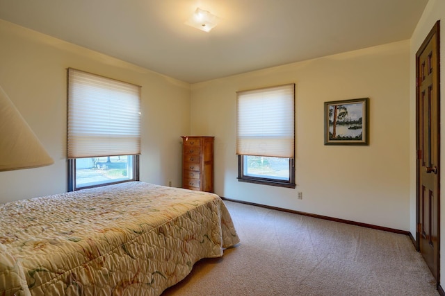 bedroom with multiple windows, baseboards, and light carpet