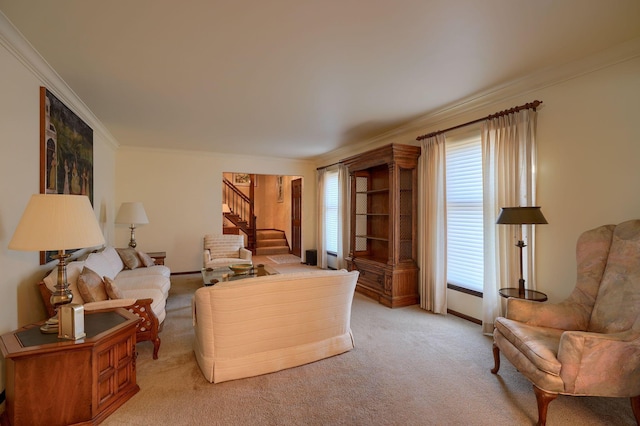 living room featuring stairway, baseboards, light colored carpet, and crown molding