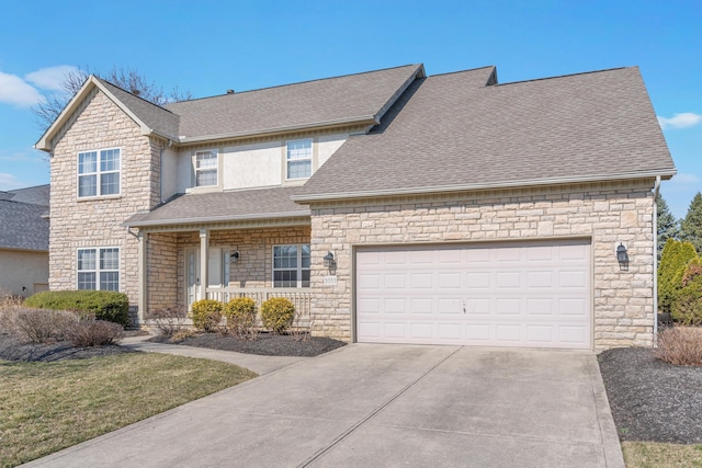 view of front of home with stone siding, a porch, roof with shingles, concrete driveway, and a garage