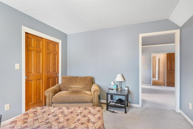 bedroom featuring lofted ceiling, carpet, and baseboards