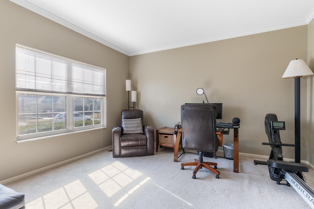 carpeted home office featuring baseboards and ornamental molding